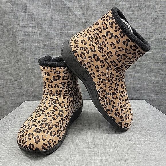 Vionic Shoes - VIONIC Vanah Women's Faux Suede Slipper Boots Tan Animal Leopard Print sz 7